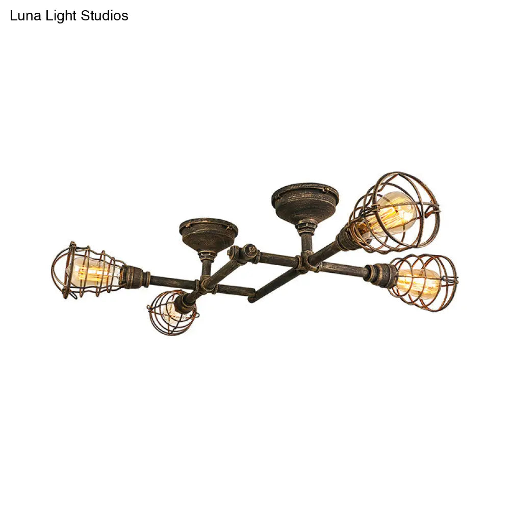 Vintage Industrial Brass Wire Cage Semi-Flush Light With Pipe - 4/6/8 Heads For Living Room Ceiling