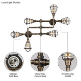 Vintage Industrial Brass Wire Cage Semi-Flush Light With Pipe - 4/6/8 Heads For Living Room Ceiling