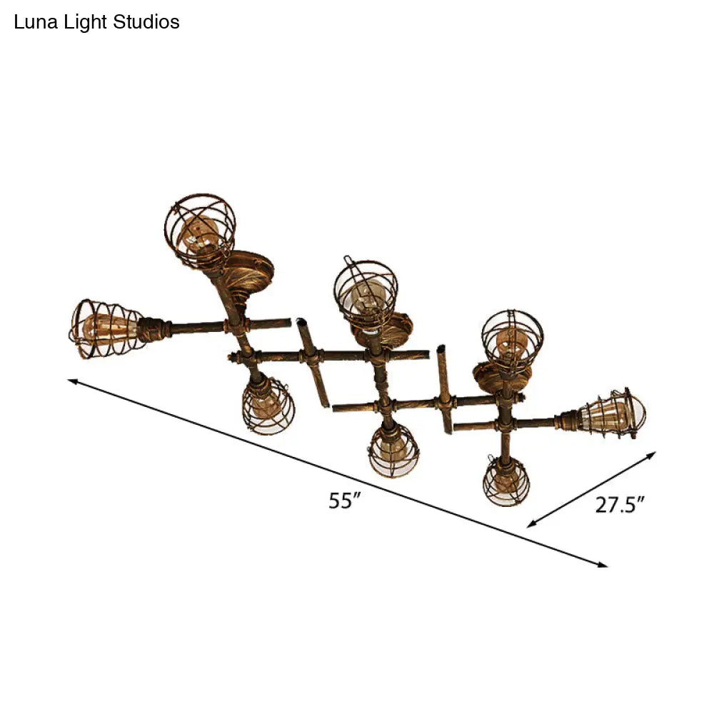 Vintage Industrial Brass Wire Cage Semi-Flush Light With Pipe - 4/6/8 Heads For Living Room Ceiling