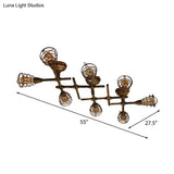 Vintage Industrial Brass Wire Cage Semi-Flush Light With Pipe - 4/6/8 Heads For Living Room Ceiling