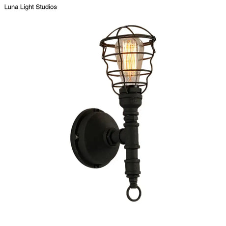 Vintage Industrial Caged Sconce Lamp - Metal Wall Mount Light With Water Pipe Black Finish For