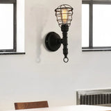 Vintage Industrial Caged Sconce Lamp - Metal Wall Mount Light With Water Pipe Black Finish For