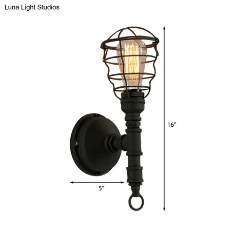 Vintage Industrial Caged Sconce Lamp - Metal Wall Mount Light With Water Pipe Black Finish For