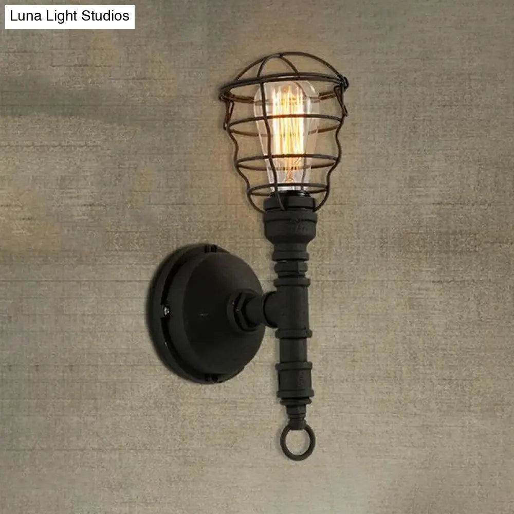 Vintage Industrial Caged Sconce Lamp - Metal Wall Mount Light With Water Pipe Black Finish For