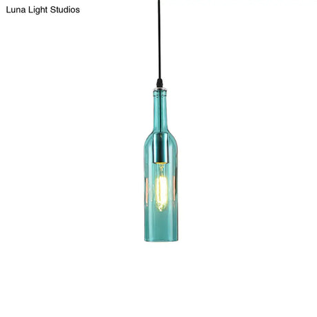 Vintage Industrial Glass Bottle Hanging Lamp - Blue/Brown With Adjustable Cord