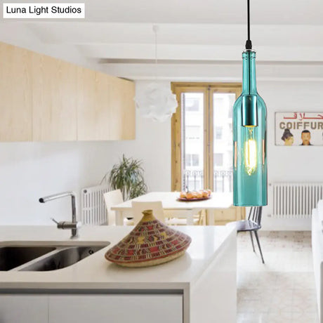 Vintage Industrial Glass Bottle Hanging Lamp - Blue/Brown With Adjustable Cord