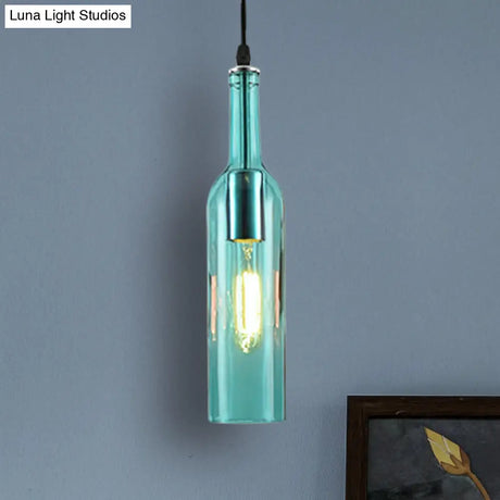 Vintage Industrial Glass Bottle Hanging Lamp - Blue/Brown With Adjustable Cord