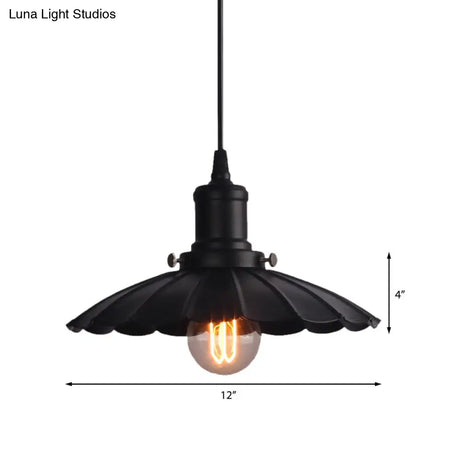 Vintage Industrial Hanging Lamp Black Scalloped Metal Indoor Ceiling Light Fixture 1-Bulb