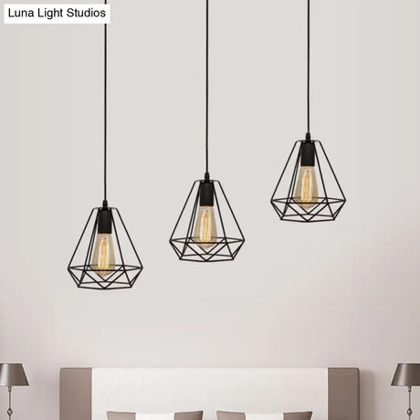 Vintage Industrial Metal Teardrop Cage Pendant Light With 3 Lights For Living Room - Black