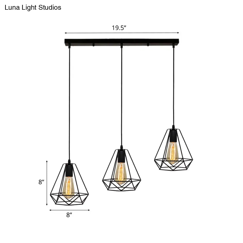 Vintage Industrial Metal Teardrop Cage Pendant Light With 3 Lights For Living Room - Black