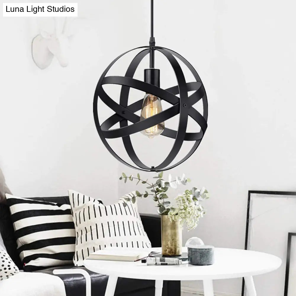Vintage Industrial Pendant Light With Single Globe Cage For Dining Table