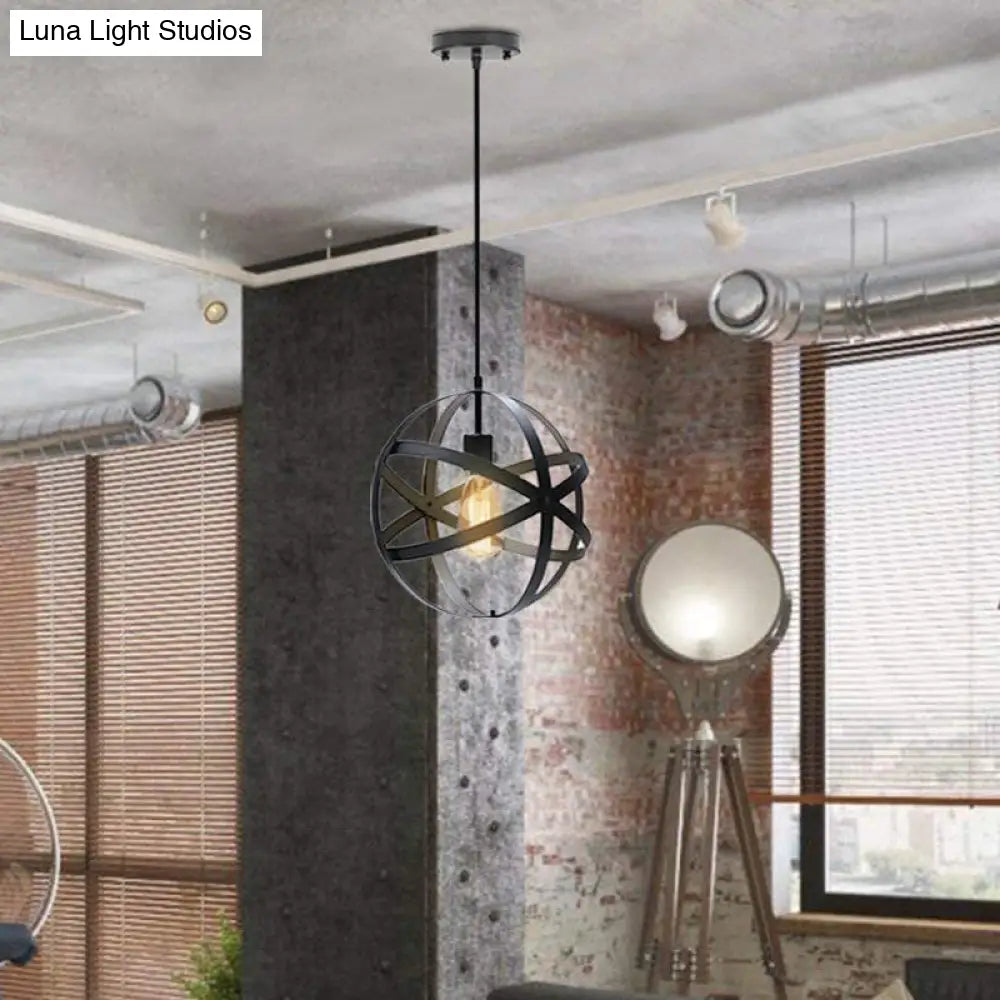 Vintage Industrial Pendant Light With Single Globe Cage For Dining Table