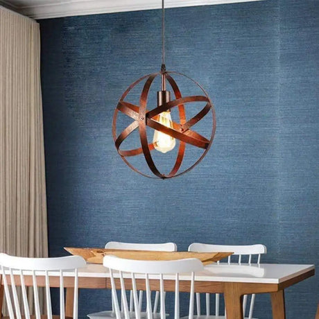 Vintage Industrial Pendant Light With Single Globe Cage For Dining Table Rust