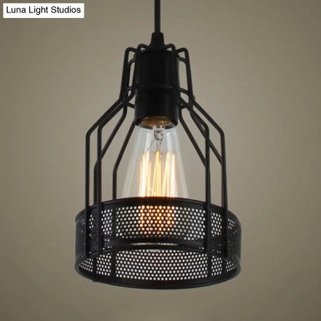 Vintage Industrial Pendant Lighting: Caged Restaurant Metal Fixture With Mesh Screen In Black