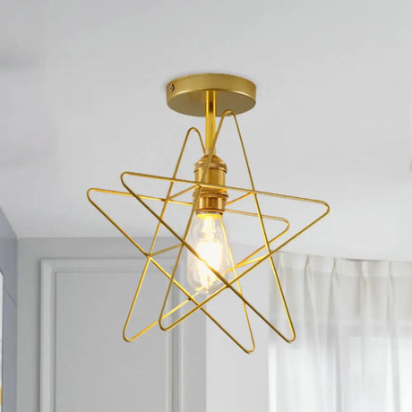Vintage Industrial Star Cage Semi Flush Light: Black/Gold Metallic Mount For Corridor Gold