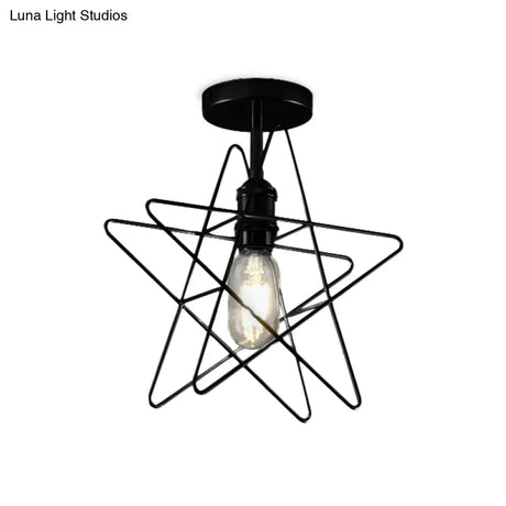 Vintage Industrial Star Cage Semi Flush Light: Black/Gold Metallic Mount For Corridor