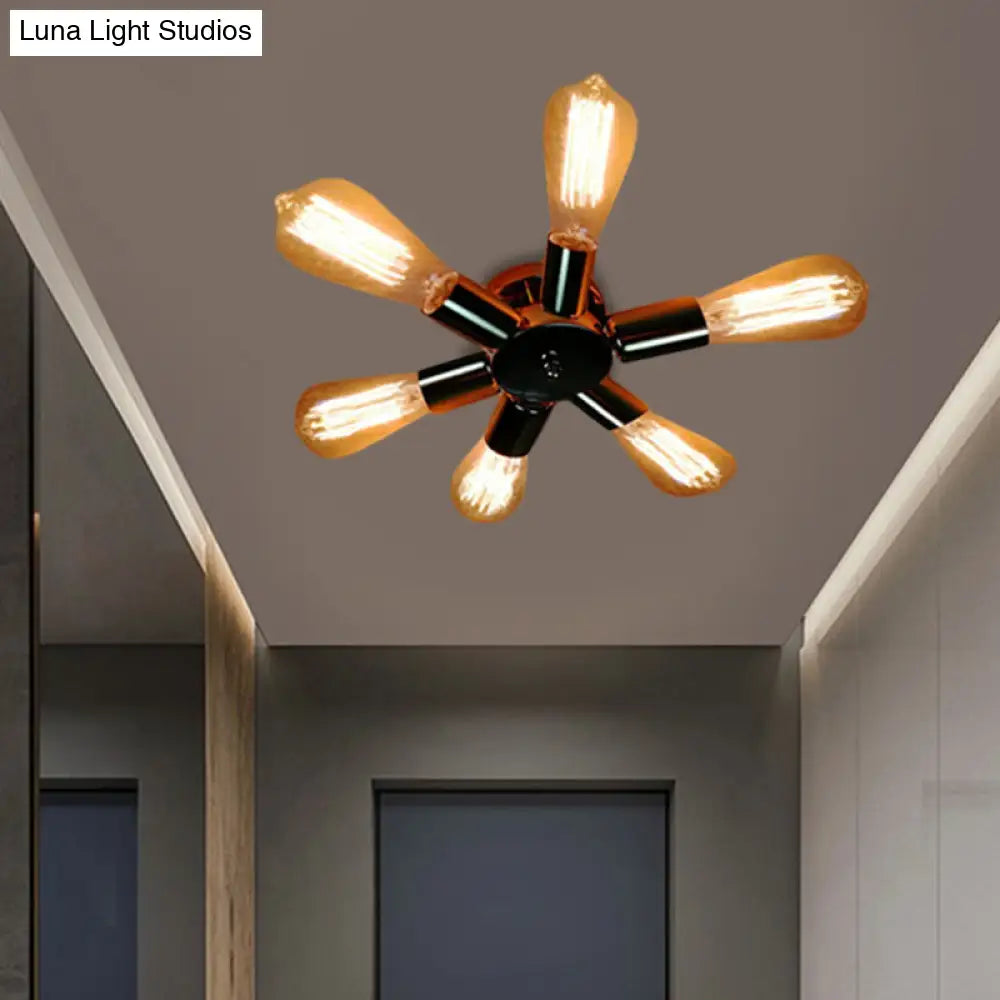 Vintage Inspired Exposed Bulb Semi Flush Pendant Light - 3/6 Lights Metal Ceiling Fixture In Brass