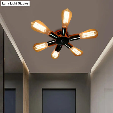 Vintage Inspired Exposed Bulb Semi Flush Pendant Light - 3/6 Lights Metal Ceiling Fixture In Brass