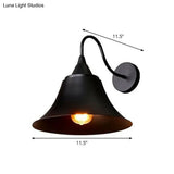 Vintage Iron 1-Light Trumpet Wall Lamp - Black Curved Arm For Living Room Lighting