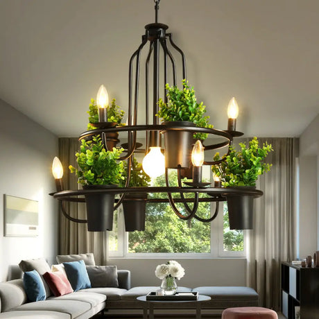 Vintage Iron 7-Light Candelabra Chandelier Pendant With Faux Potted Plant For Restaurants Black