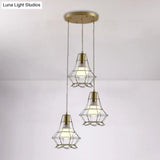 Vintage Iron Caged Pendant Lamp With Petal Shade - Golden 3 Lights Hanging Fixture