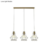 Vintage Iron Caged Pendant Lamp With Petal Shade - Golden 3 Lights Hanging Fixture