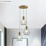 Vintage Iron Caged Pendant Lamp With Petal Shade - Golden 3 Lights Hanging Fixture