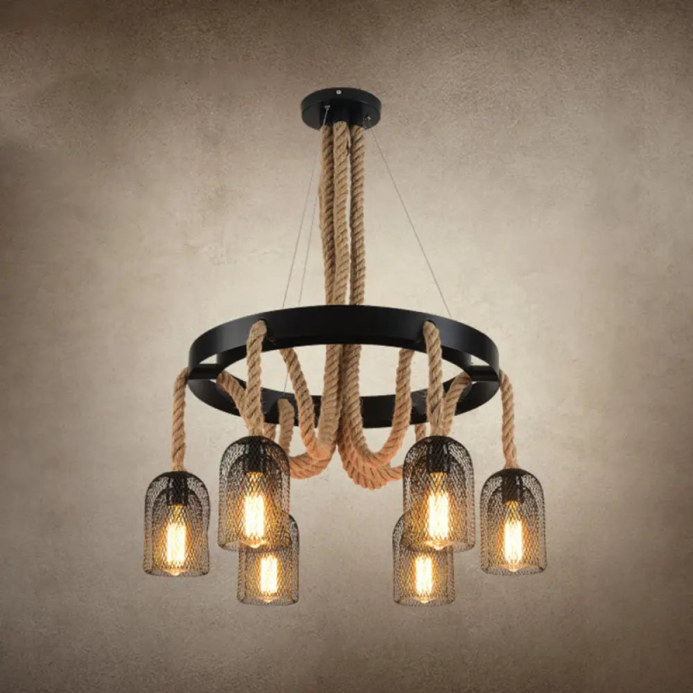 Vintage Iron Chandelier Pendant Light With Rope Detail For Restaurants - Black 6 /