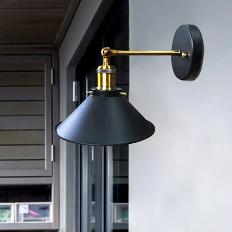 Vintage Iron Cone Wall Sconce - Black And Brass 1-Bulb Lamp (With/Without Cord) / A