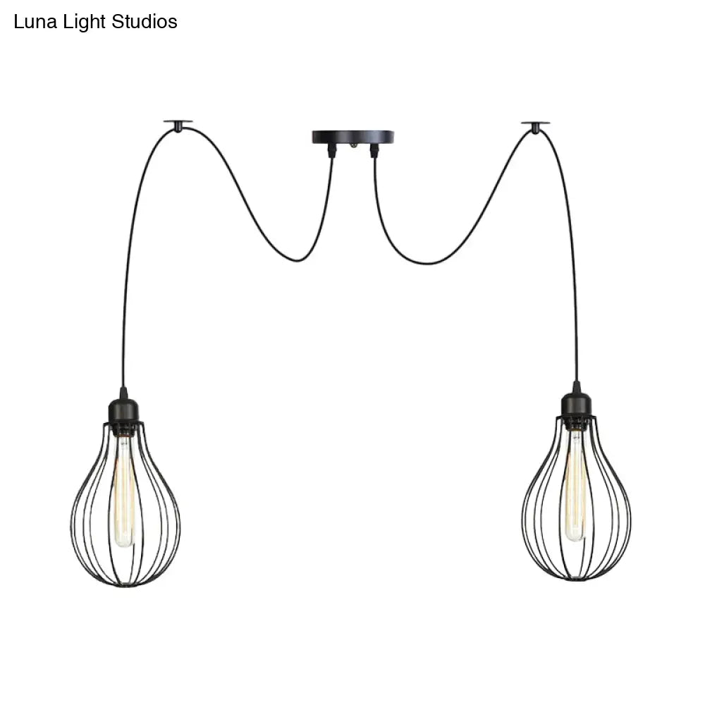 Vintage Iron Pear Cage Hanging Light: 2/3/6-Light Coffee House Swag Pendulum Lamp In Black