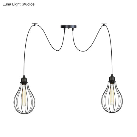 Vintage Iron Pear Cage Hanging Light: 2/3/6-Light Coffee House Swag Pendulum Lamp In Black