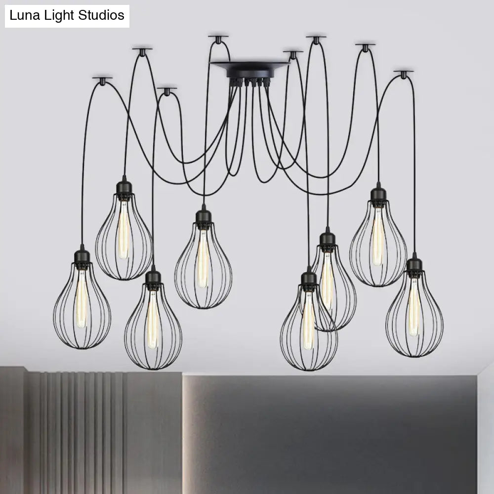 Vintage Iron Pear Cage Hanging Light: 2/3/6-Light Coffee House Swag Pendulum Lamp In Black