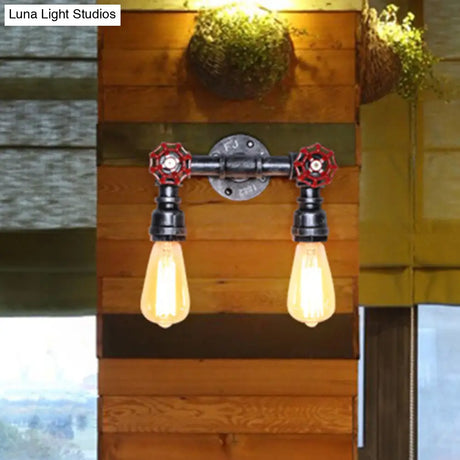 Vintage Iron Wall Mounted Lamp With Exposed Bulb And Valve Decor