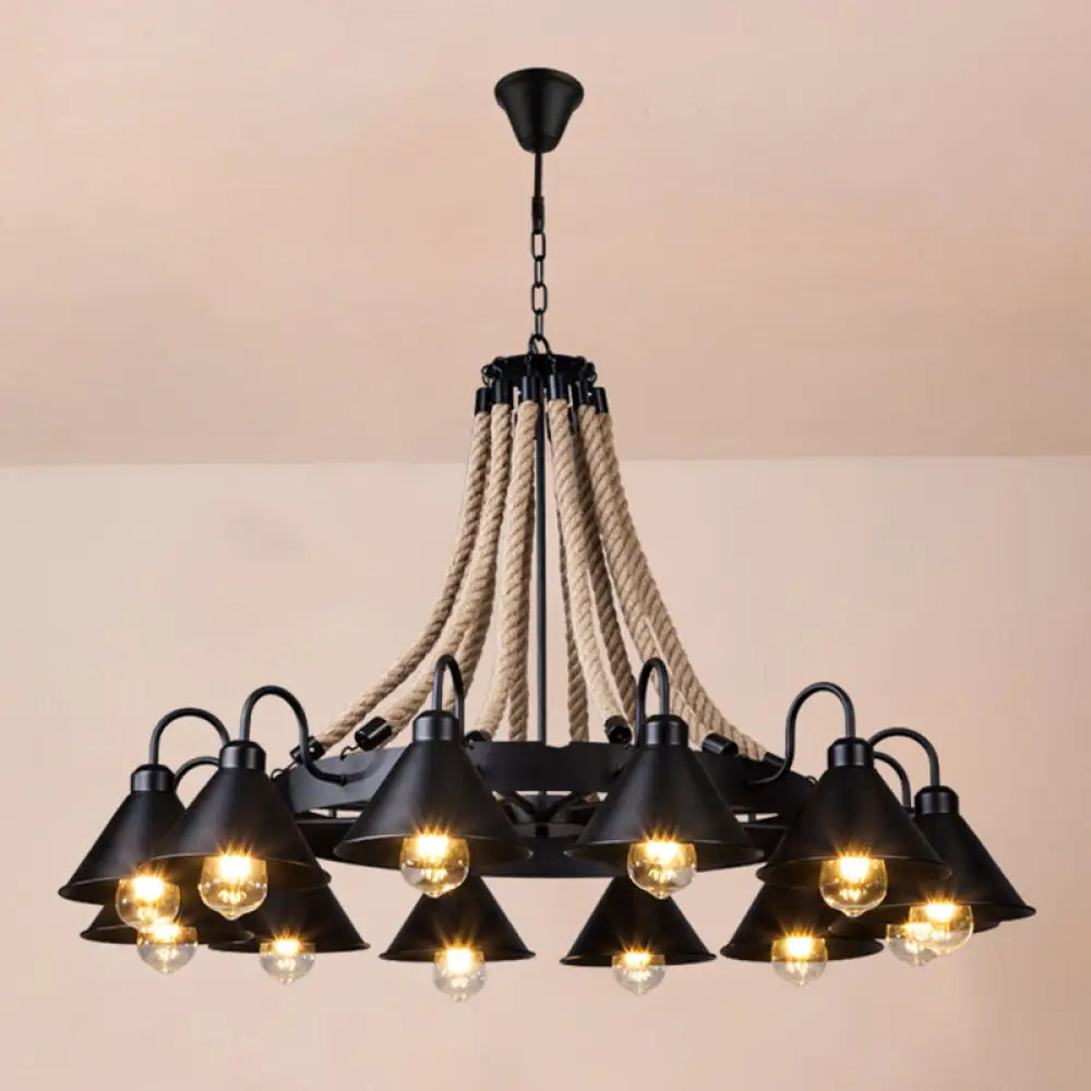 Vintage Iron Wheel Chandelier Pendant Light With Hemp Rope In Black For Restaurants / 44’ A