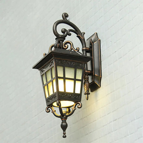 Vintage Lantern Sconce Light - Single Frosted Glass Outdoor Wall Mount With Black Scroll Arm