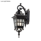 Vintage Lantern Sconce Light - Single Frosted Glass Outdoor Wall Mount With Black Scroll Arm