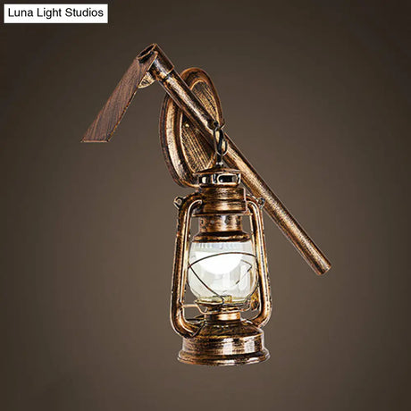 Vintage Lantern Style Wall Hanging Sconce Light In Bronze With Clear Glass And Metal Hoe Deco -