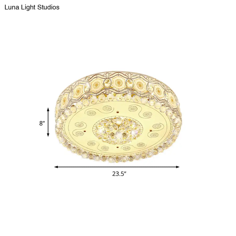 Vintage Led Flush Mount Ceiling Lamp With Etched Design Clear Crystal Accents And White Glass Circle