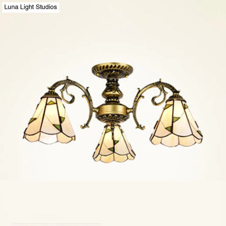 Vintage Lodge Stained Glass Semi Flush Ceiling Light In White/Antique Brass With Conical Design -