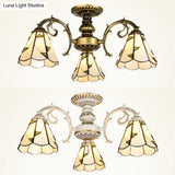 Vintage Lodge Stained Glass Semi Flush Ceiling Light In White/Antique Brass With Conical Design -