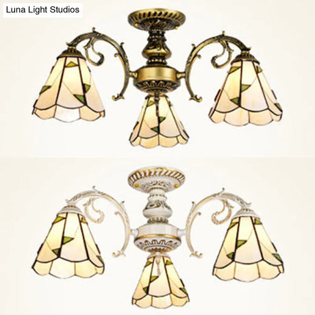 Vintage Lodge Stained Glass Semi Flush Ceiling Light In White/Antique Brass With Conical Design -