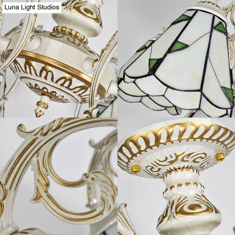 Vintage Lodge Stained Glass Semi Flush Ceiling Light In White/Antique Brass With Conical Design -