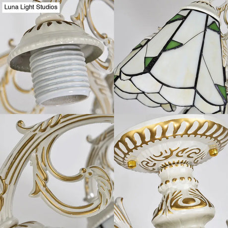 Vintage Lodge Stained Glass Semi Flush Ceiling Light In White/Antique Brass With Conical Design -