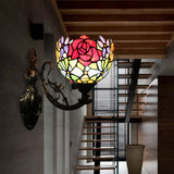Vintage Loft Style Floral Wall Sconce With Stained Glass Shade - 1 Light Red Indoor Lighting Fixture