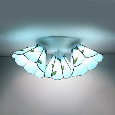 Vintage Magnolia Stained Glass 3-Head Ceiling Fixture In White Flush Mount / Leaf