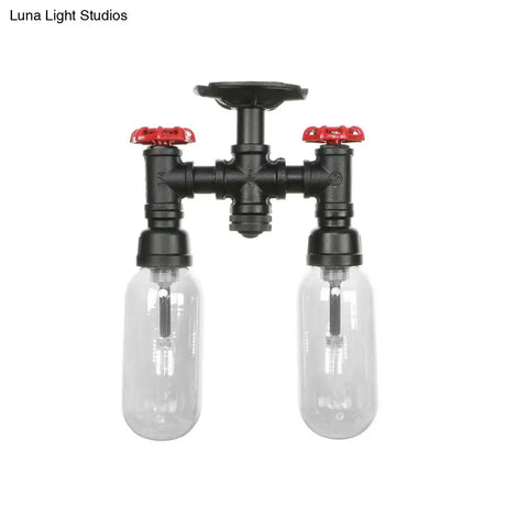 Vintage Matte Black Semi Mount Ceiling Light With Clear Glass Shades - 2 - Light Capsule Design