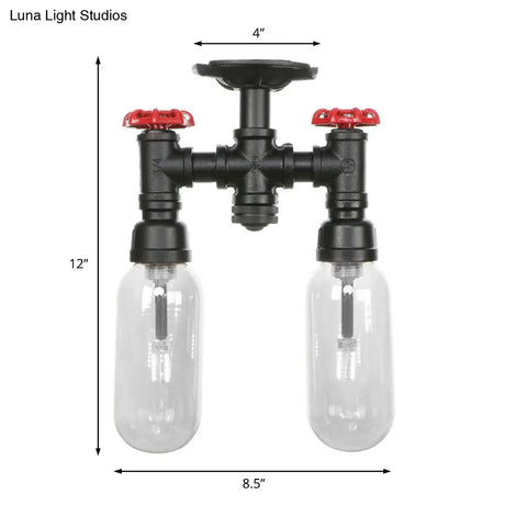 Vintage Matte Black Semi Mount Ceiling Light With Clear Glass Shades - 2 - Light Capsule Design