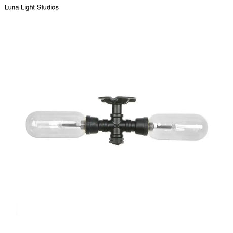 Vintage Matte Black Semi Mount Ceiling Light With Clear Glass Shades - 2 - Light Capsule Design