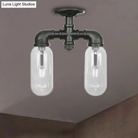 Vintage Matte Black Semi Mount Ceiling Light With Clear Glass Shades - 2 - Light Capsule Design