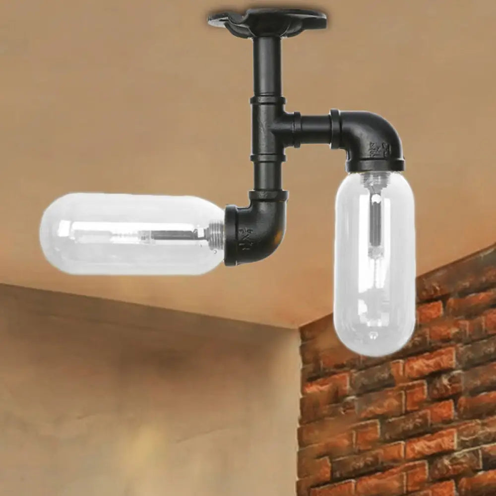 Vintage Matte Black Semi Mount Ceiling Light With Clear Glass Shades - 2 - Light Capsule Design / D